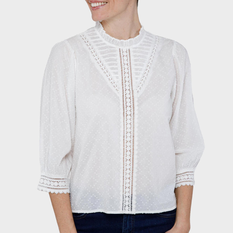 Blouse Femme Ancienne Fin XIXe Siècle - Taille 36-38, Brodée Main, Coton Blanc, Occasion Très Bon état